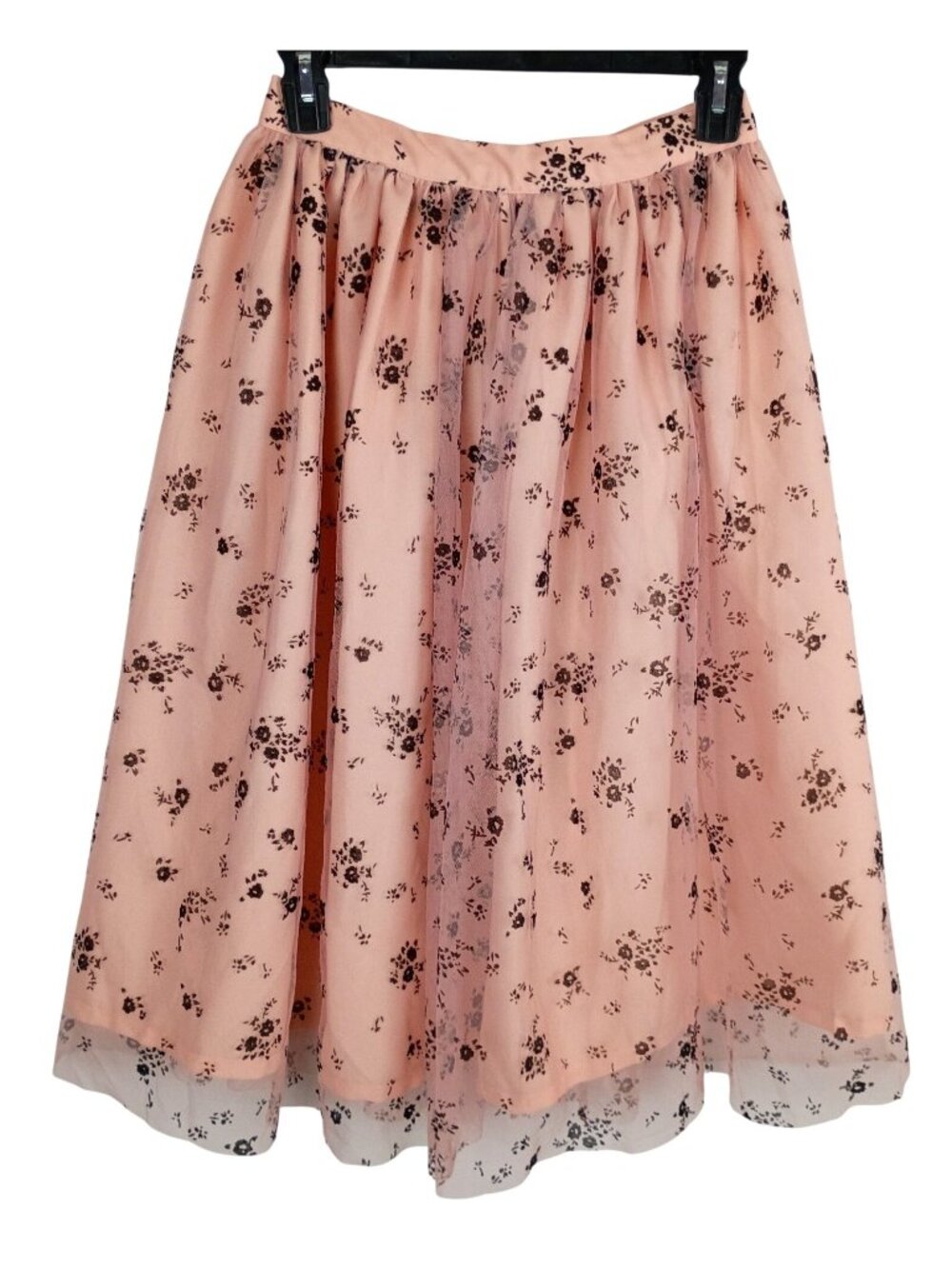 Magnolia Place Unique Vintage Skirt S Pink Black Floral Tulle Midi Mesh